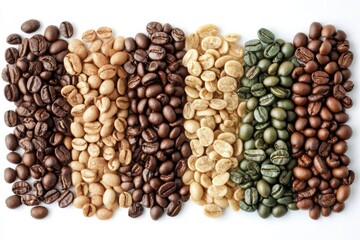 Poster - Various types of coffee beans are arranged neatly on a white background, providing an ideal space for adding text or information. Generative AI