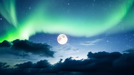 Wall Mural - Bright green aurora borealis dances across the night sky, illuminated by a full moon peeking through dark clouds, surrounded by countless twinkling stars