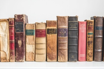 Poster - Books from different genres are lined up against a clean white background, each displaying its distinct cover and age, inviting exploration. Generative AI