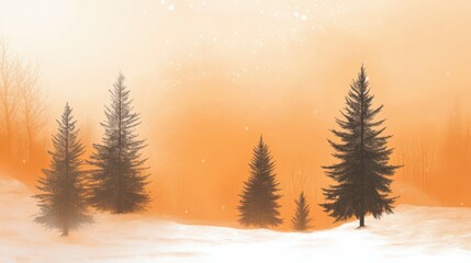 Wall Mural - Winter Trees Silhouetted in Orange Mist. Atmospheric, Snow covered Woodland scene. Seasonal Banner.