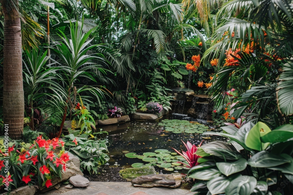 Lush tropical garden featuring a serene pond with vibrant flowers and ...