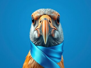 Wall Mural - A close-up of a blue ribbon tied around the beak of a bird, fauna, wildlife, natural world, blue color palette., outdoor