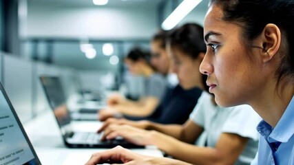Close-up shot of a front-end developer coding on a laptop with a soft blur of a modern office background.