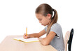 © New Africa - Girl with correct posture and notebook sitting at wooden desk on white background