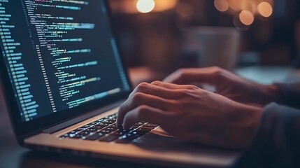 Closeup of Hands Typing on Laptop with Code on Screen
