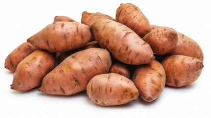 Wall Mural - Fresh sweet potatoes stand out against a pure white background, showcasing their earthy hue