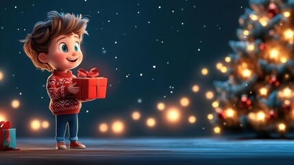 Wall Mural - Joyful child holding a wrapped gift in festive atmosphere with sparkling snowflakes and decorated Christmas tree glowing in the background