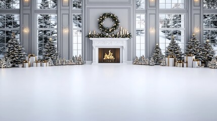 Canvas Print - Large room features three decorated Christmas trees, a cozy fireplace, and presents arranged elegantly around the festive setting