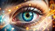 © Man888 - Double Exposure Photography Depicting Eye Diagnosis and Health Prevention with Genetic Elements, Specialist Examination, and Eye Movement Analysis in a Vibrant Color Scheme