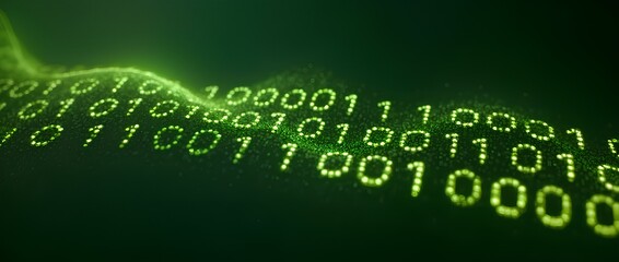 Wall Mural - flowing stream of binary code in green and yellow hues, representing data transfer and technology pr