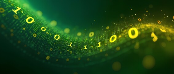 Wall Mural - flowing stream of binary code in green and yellow hues, representing data transfer and technology pr