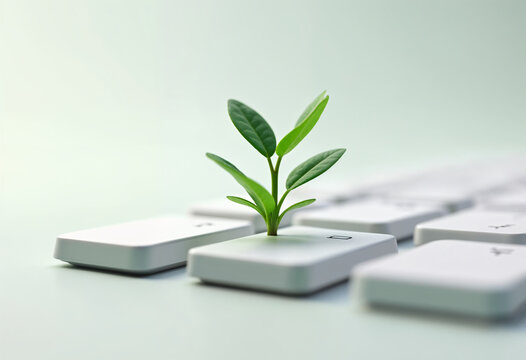 young plant sprouts from a computer keyboard key signifying growth and technology's role in a sustai
