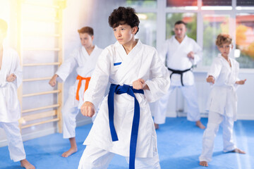 Wall Mural - Concentrated teenager in white kimono practicing punches in gym during group martial arts workout. Shadow fight, combat sports training concept ..