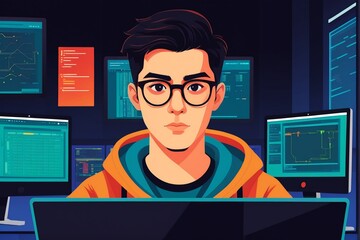 A man in glasses, wearing an orange hoodie, sits at a desk surrounded by computer monitors, focused on his work.
