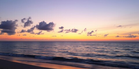 Wall Mural - tranquil beach sunset with soft golden hues reflecting on calm water, nature, calmness