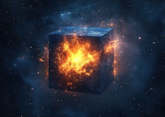 Wall Mural - A cube is lit up in a blue and orange sky