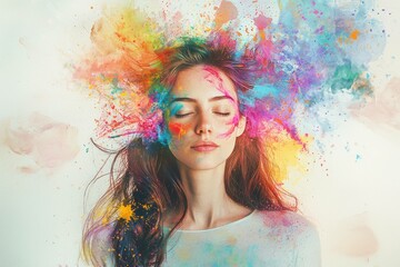 Wall Mural - Serene woman with closed eyes, colorful paint splashes around her head, representing creativity and imagination in a vibrant and artistic concept.