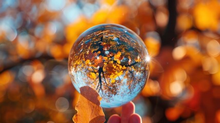 Wall Mural - Autumn leaves in lensball.