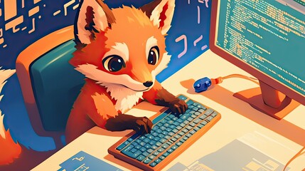 adorable fox programmer coding on computer