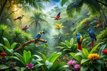 Wall Mural - Lush Tropical Jungle: Vibrant Backgrounds Featuring Exotic Plants and Colorful Birds in a Panoramic View of Nature's Paradise