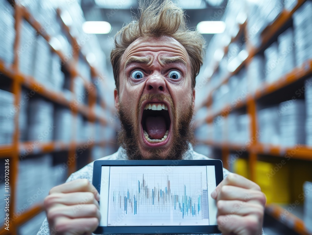 Angry data analyst pacing in frustration, tablet showing incorrect data ...