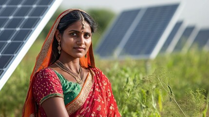 Wall Mural - indian people working on green energy solutions like solar farms or wind turbines, emphasizing susta