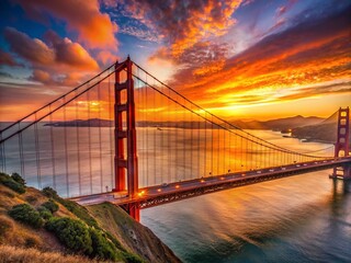 Wall Mural - Majestic Silhouette of the Golden Gate Bridge at Sunset with a Panoramic View of San Francisco's Skyline and Bay, Perfect for Landscape and Travel Photography Enthusiasts