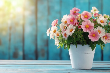 Wall Mural - A vibrant bouquet of pink and white flowers in a white pot against a blue wooden background.