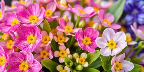 Wall Mural - A close-up shot of vibrant spring flowers in full bloom, with delicate petals and fresh green leaves, beauty, vibrant