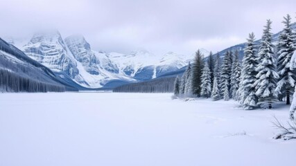 Wall Mural - a serene landscape with snow-capped mountains, a frozen lake, and pine trees covered in a blanket of