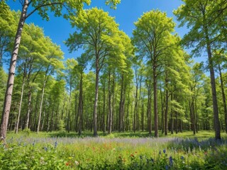 Wall Mural - Vibrant forest filled with green trees and wildflowers under a clear blue sky, environment, sunny