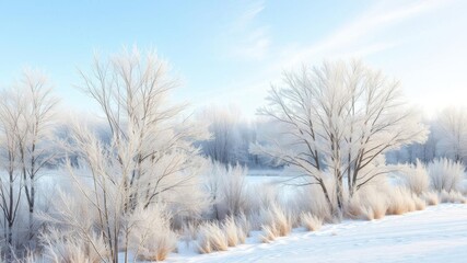 Wall Mural - A beautiful winter landscape with bare trees covered in frost, a snowy ground, and a soft blue sky in the background, serene, bare