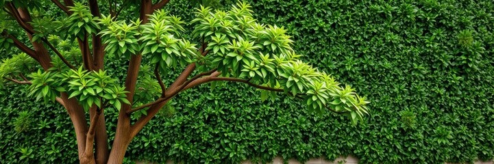 Wall Mural - Lush green foliage covering a wall, perfect for nature backgrounds or eco-friendly concepts, nature, vibrant