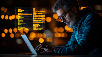 Poster - man working on laptop with code displayed, focused and engaged