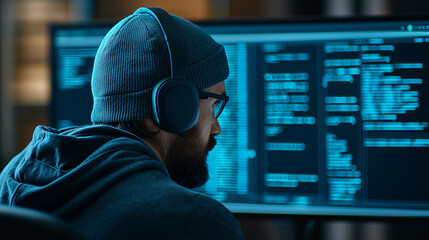 Aufkleber - hacker focused on coding, wearing headphones and beanie