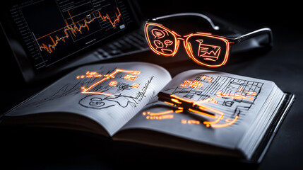 Aufkleber - Close up of notebook with sketches, glasses, and data analysis