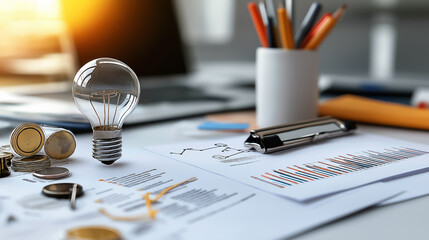 Poster - close up of light bulb, coins, and business documents on desk