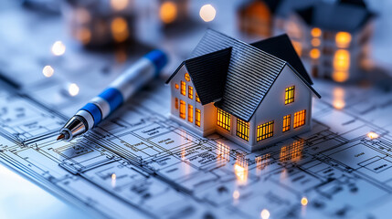 Aufkleber - model house on blueprints with pen, symbolizing urban planning