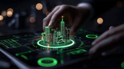 Poster - futuristic city model displayed on tablet, showcasing green technology