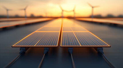 Aufkleber - Futuristic solar panels with renewable energy sources at sunset
