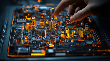 Aufkleber - hand interacting with glowing circuit board model, showcasing technology