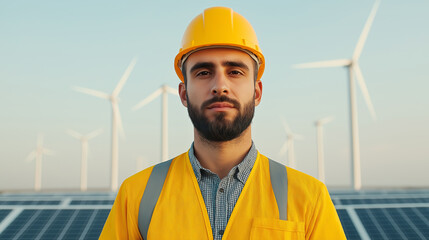 Poster - Engineer in yellow safety vest and helmet at wind farm