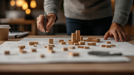 Aufkleber - Urban planners analyzing building models on blueprints with focus