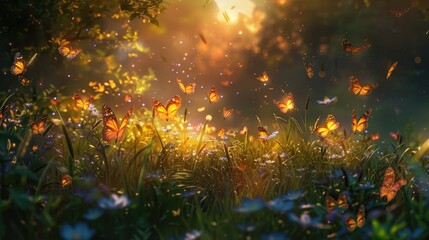 Wall Mural - as the sun dipped below the horizon the meadow was transformed into a mystical wonderland. swarms of