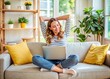 © Man888 - Relaxed Young Freelancer at Home Stretching on Sofa with Laptop, Embracing Comfort and Productivity While Working on Creative Projects in Casual Attire