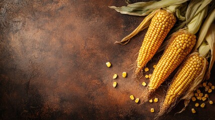 Wall Mural - Three corn cobs with husks on rustic background