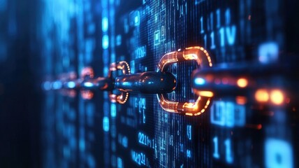 Wall Mural - digital blockchain concept with glowing chains and data on screen