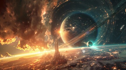 Wall Mural - breathtaking digital artwork depicting a futuristic city beneath a majestic ringed planet and a vibr