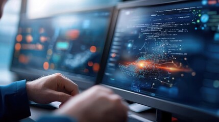 Futuristic digital technology data coding and programming on computer screen with abstract data visualization analytics and information processing concept