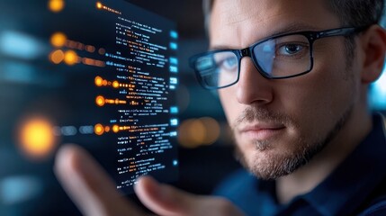 Focused male programmer in glasses intently coding on laptop with detailed code and programming language visible on the computer screen in a modern high tech work environment